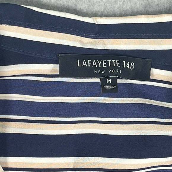 Lafayette 148 NY 100% Silk Blouse Navy Beige White Striped Long Sleeves W SZ M - Picture 5 of 8